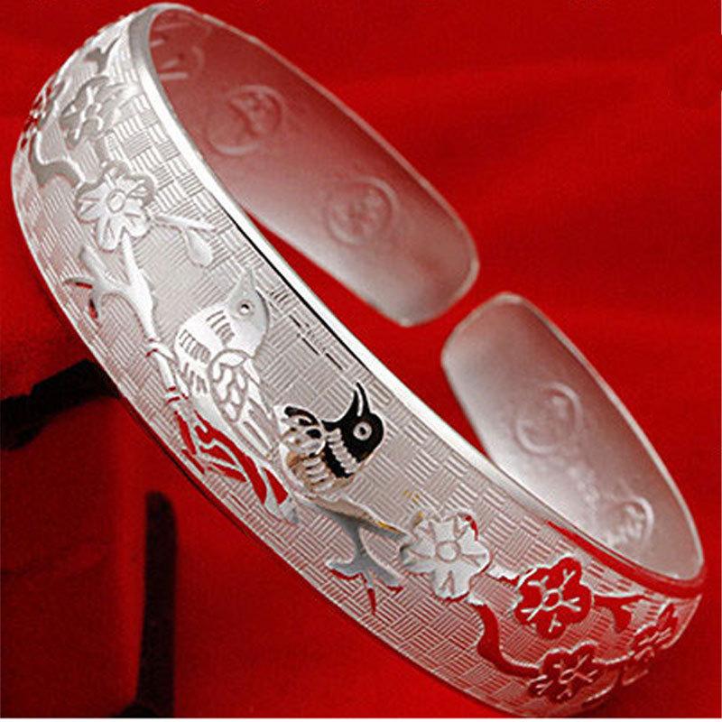 Jin Yali Silver-Plated Magpie Lotus Wide Open Bracelet for Women
