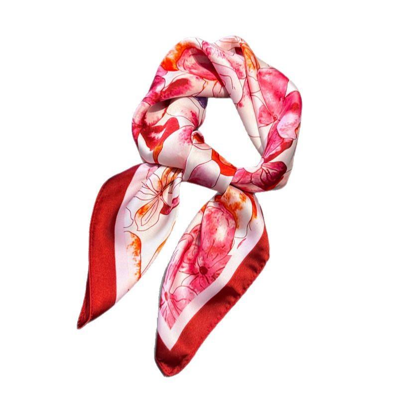 Premium printed flower small square scarf headscarf neck women versatile silk scarf feeling square scarf fresh sunscreen shawl scarf
