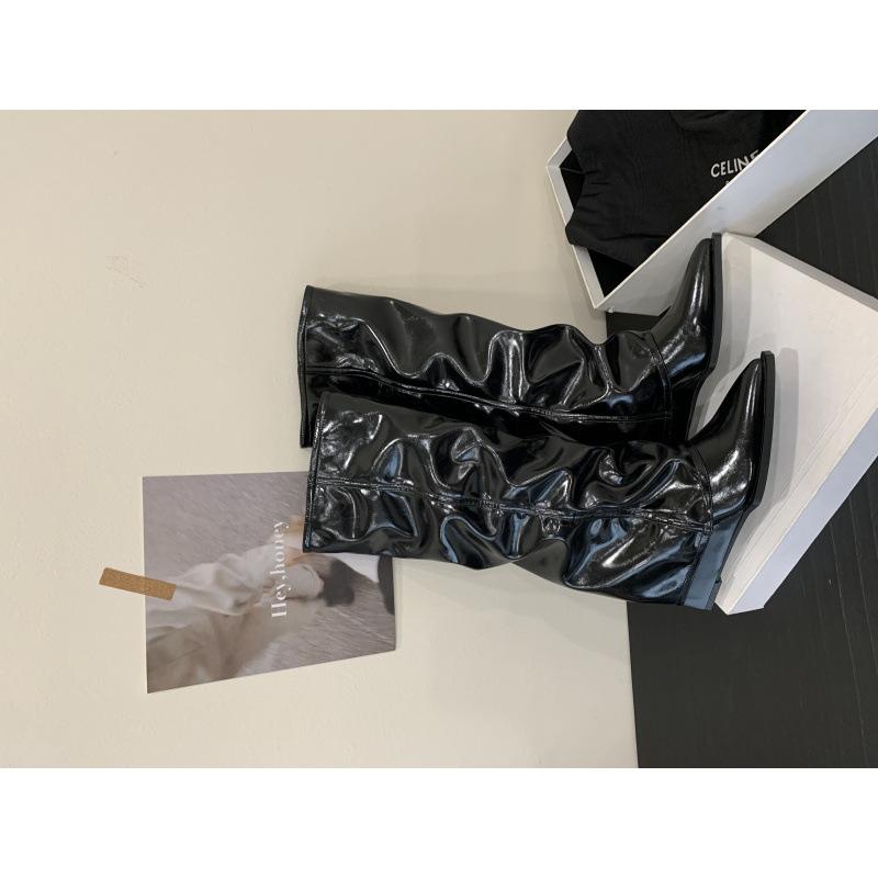 2025 New Patent Leather Knight Boots But Knee Boots Stacked Boots Retro Pointed Autumn and Winter Fashion