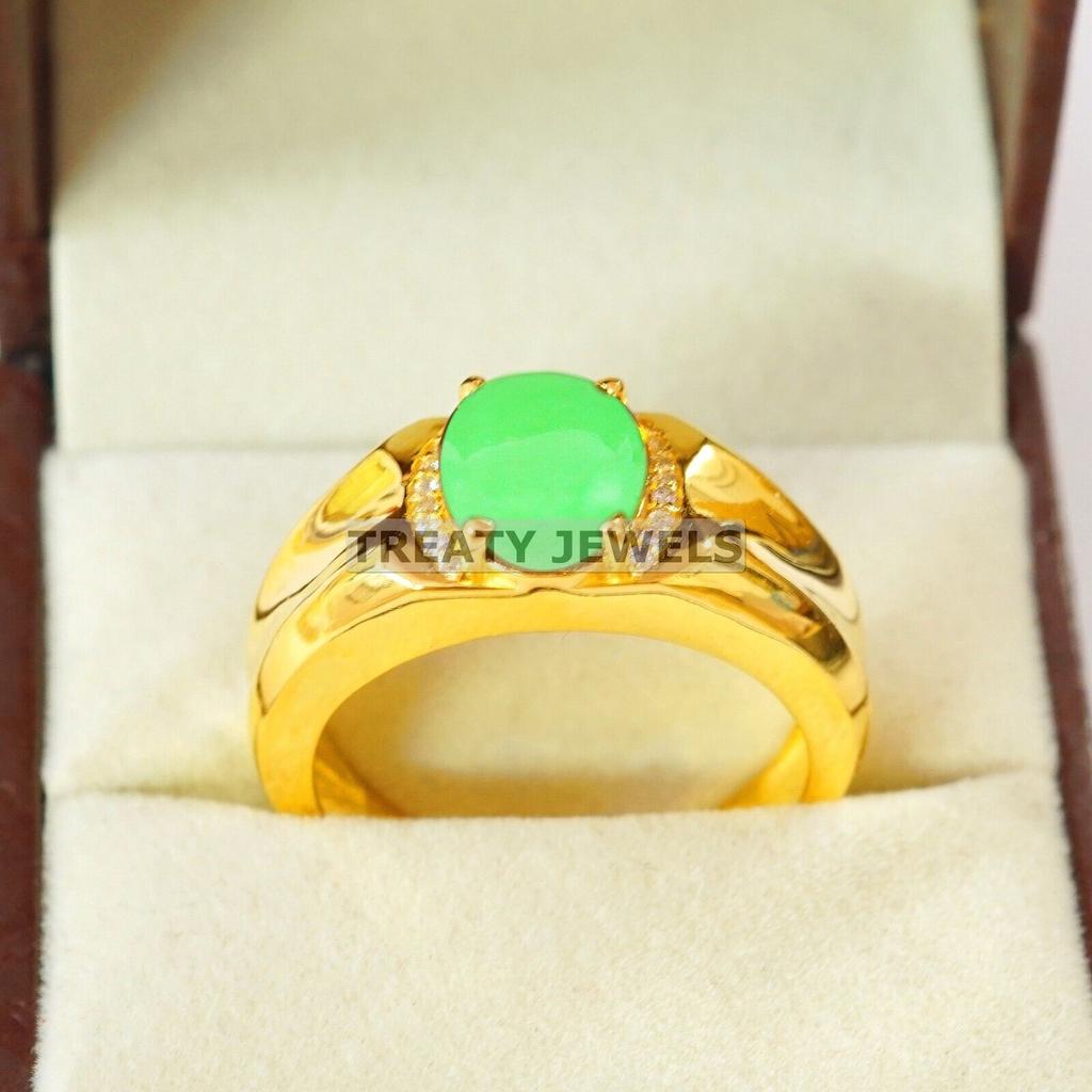 Jade Oval geschliffen Mit 925er Sterlingsilber Vergoldeter Ring Für Herren #B139 JL375671575121