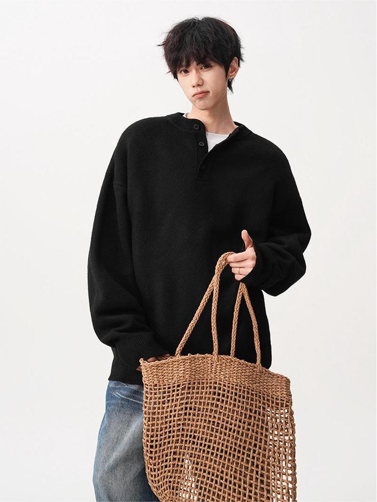 Men's Trendy Solid Color Henley Neck Sweater Jacket - Autumn Winter Loose Casual Knitwear
