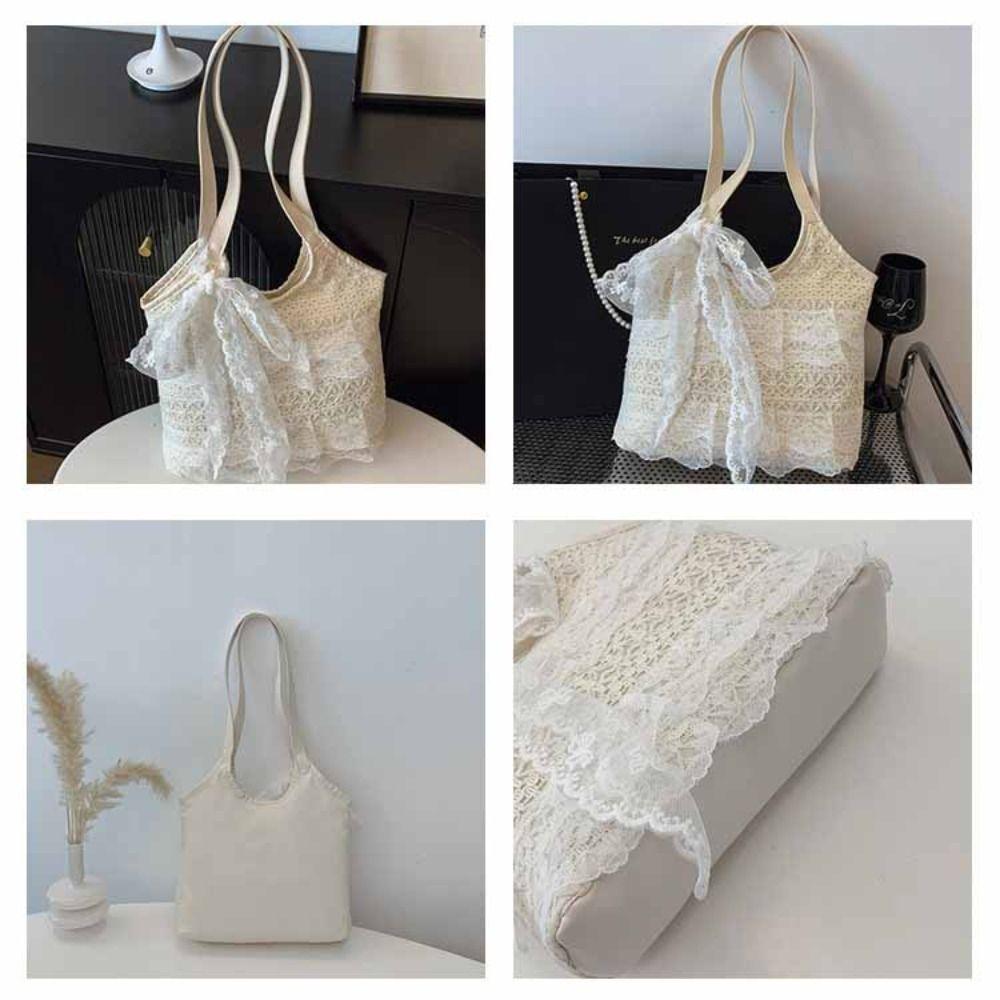 Korean Style Lace Shoulder Bag With Ribbon Large Capacity Bag Simple Canvas Handbag Travel