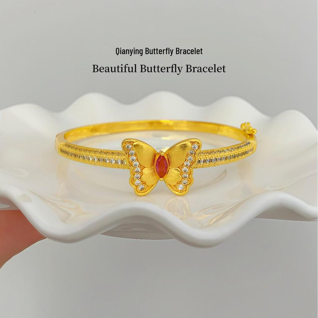Gold-Plated Ruby Diamond Butterfly Bangle Bracelet - Women's Luxury Fashion Jewelry