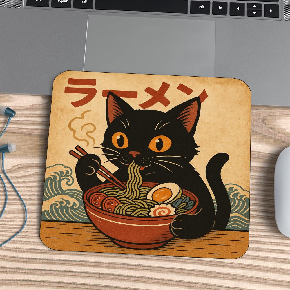 Square Mouse Pad Vintage Japanese Black Cat Ramen Print Stitched Edge Anti‑Slip Rubber Desk Mat for Gaming Working Home Office