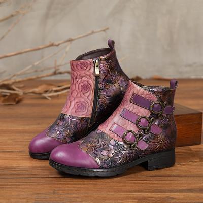 Echt Leer Prachtig Reliëf Enkellaarzen Dames Schoenen Etnische Stijl Handgemaakt Ronde Neus Korte Laarzen