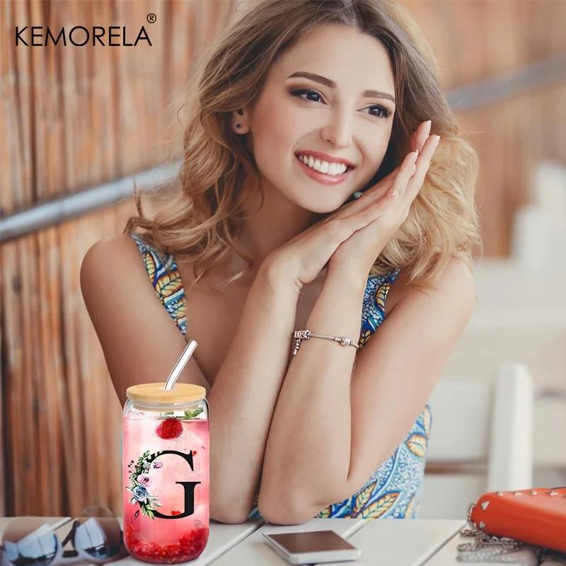 1 STÜCK 24 Buchstaben Glas Trinkbecher mit Bambusdeckel Strohhalm Individuelle Eiskaffeetasse 470ML Klares Mason Jar Bier Smoothie Cocktail