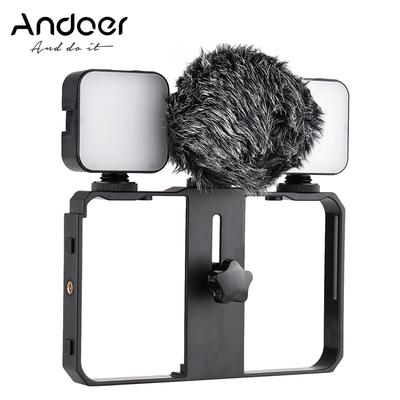 Kit de cage vidéo pour smartphone comprenant 2 mini lumières de remplissage LED + mini microphone avec choc