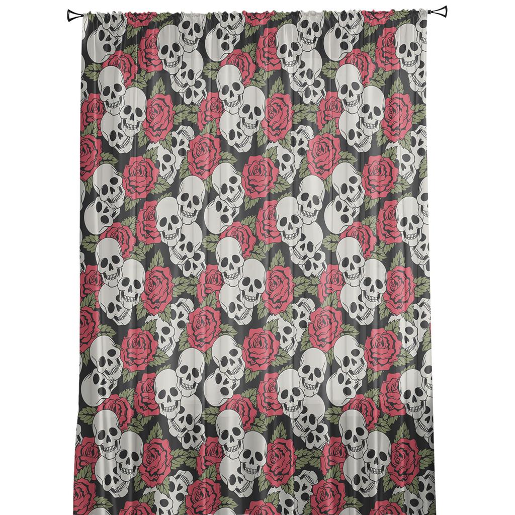 Skull Roses Flower Curtain Window Tulle For Living Room Bedroom The Kitchen Window Treatment Decorations Curtains
