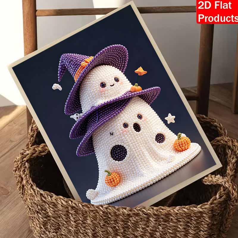 DIY Frameless Pearl Painting Kit Cute Ghost Halloween 3D Bead Art Canvas Relaxing Craft for Home Wall Decor Gift