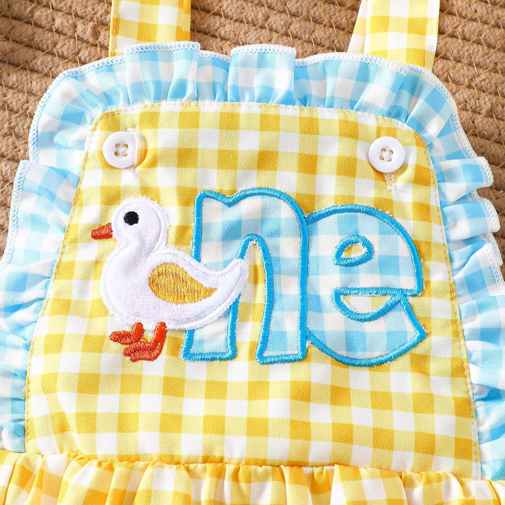 Baby Girl Cute Duck Patch Embroidered Plaid Romper - 1st Birthday Crawling Suit
