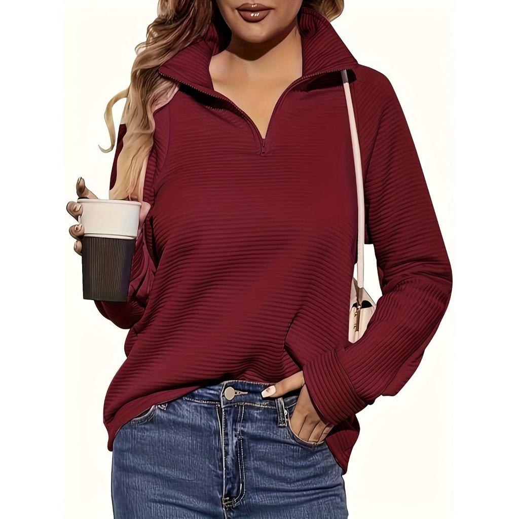 Suéter Casual de Punto con Cremallera para Mujer, Jersey Holgado de Manga Larga con Cuello en V, Color Puro, Adecuado para Usar en Primavera y Otoño, Bajo Regular