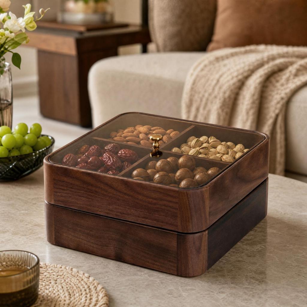 Two-Layer Black Walnut Snack Box Elegant Nut Storage Container Stackable