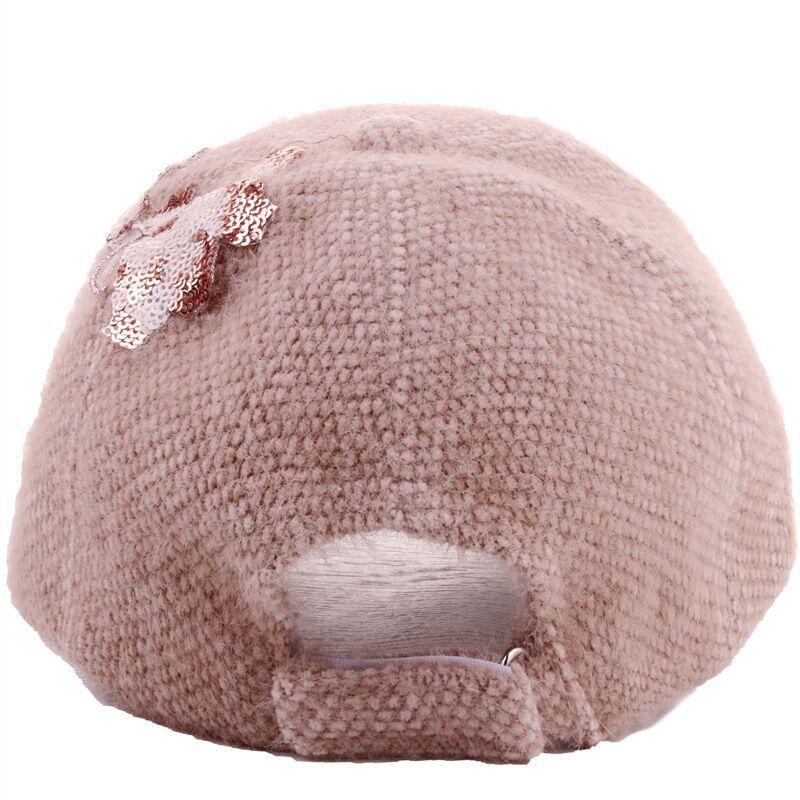 Women'S Winter Warm Fashion Duckbill Cap, Polyester Plush Baseball Hat, with Floral Rhinestone Embellishment, Non-Washable, Inelastic, Featherless
