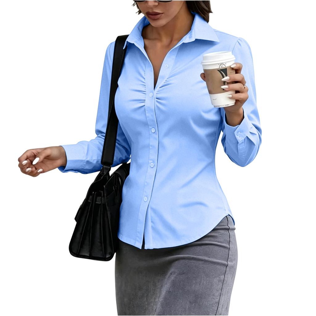 Women's Slim Fit Button Down Shirt Long Sleeve Collared Blouse Stretchy Office Workwear Top with Ruched Front Design