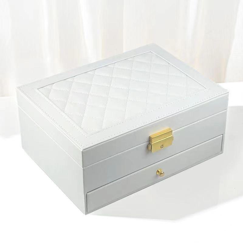 2-Drawer Jewelry Box Large Capacity Jewelry Storage Box with Lock Diamond Pattern Ring Jewelry Gift Box Accessories Packaging Box PU Leather Material