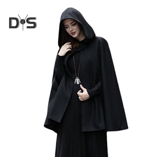 

Зимнее женское пальто-накидка с капюшоном, средневековая ретро-накидка, готическая, сохраняющая тепло шаль, длиной до колена, свободный плащ, плотный, застегивающийся на одну пуговицу, уличное пончо, пират S чёрный