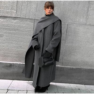 Culoare uni șic eșarfă guler pardesiu de lână buzunare elegante pentru femei Jachete cu un singur piept Îmbrăcăminte nouă pentru femeie supradimensionată