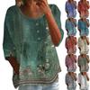 Women's Casual Fashion Three-quarter Sleeve Loose Round Neck Button Retro Print Top