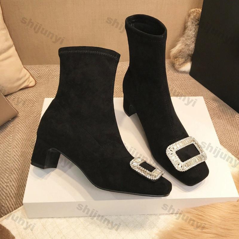 Women's Square Buckle Rhinestone Elastic Socks Boots Women Autumn Winter Suede Square Toe Thick Heel Ankle Boots Zapatos Mujer