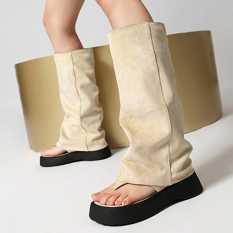 Plus Size Frosted Suede Material Flat Bottom Clip Toe Cover For Women's Summer Midsole Boots Breathable Lining Peep Toe Boots