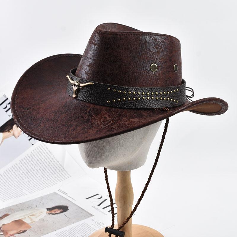 Ethnic Style Western Cowboy Hat Vintage Faux Leather Big-edge Jazz Hats Outdoor Travel Knight Hats