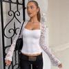 Women Fashion Square Collar Patchwork Lace Floral Print Long Sleeve Sexy Crop T-Shirt Sheer Summer Clothes Party Club