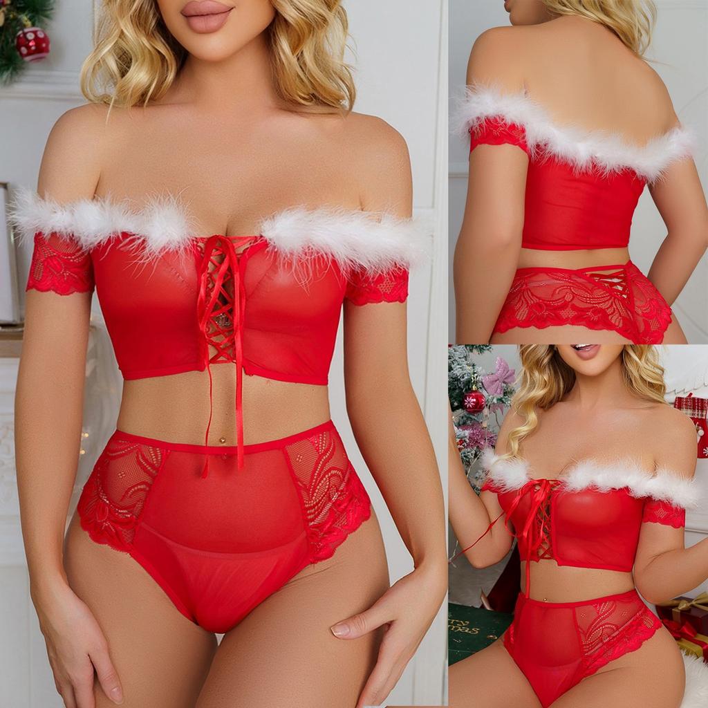 Damen Sexy Dessous Weihnachten Mesh Puff Ball Sling Höschen Nachthemd Set