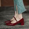 Fashion New Women's Red Black Mary Janes Shoes Leather Thick Middle Heel Dress Shoes Square Toe Shallow Buckle Strap Women's Pumps Shoes