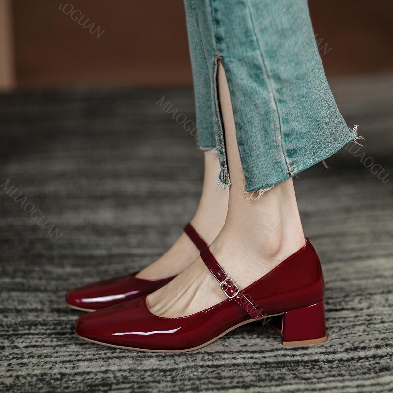 Fashion New Women's Red Black Mary Janes Shoes Leather Thick Middle Heel Dress Shoes Square Toe Shallow Buckle Strap Women's Pumps Shoes