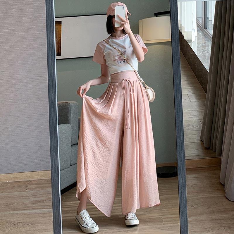 Женская одежда Y2K, хлопково-льняное широкое платье, летние тонкие свободные вечерние повседневные женские брюки, юбки, корейский стиль, 2023 S розовый