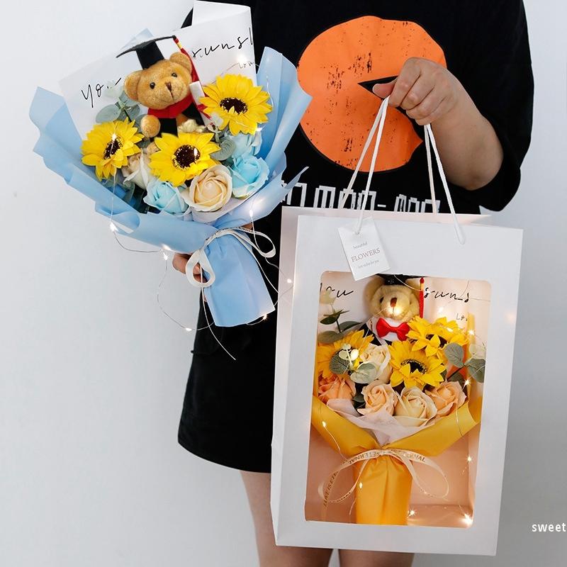 Diy Simulated Flower Bouquet Crochet Sunflower Finished Product Bouquet Graduation Doctoral Bear Valentine'S Day Birthday Gift