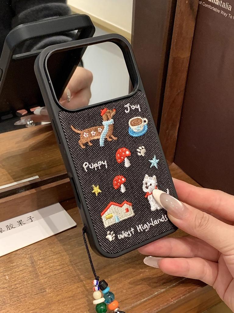 Autumn-Winter Cute Puppy Warm Fabric Retro Denim Embrpoidery Phone Case For iPhone 17promax 16 15 14 Pro Max Shockproof Cover