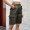 Women's Fashionable Workwear Shorts Solid Color Pocket Button Elastic Waist Casual Five Quarter Pants