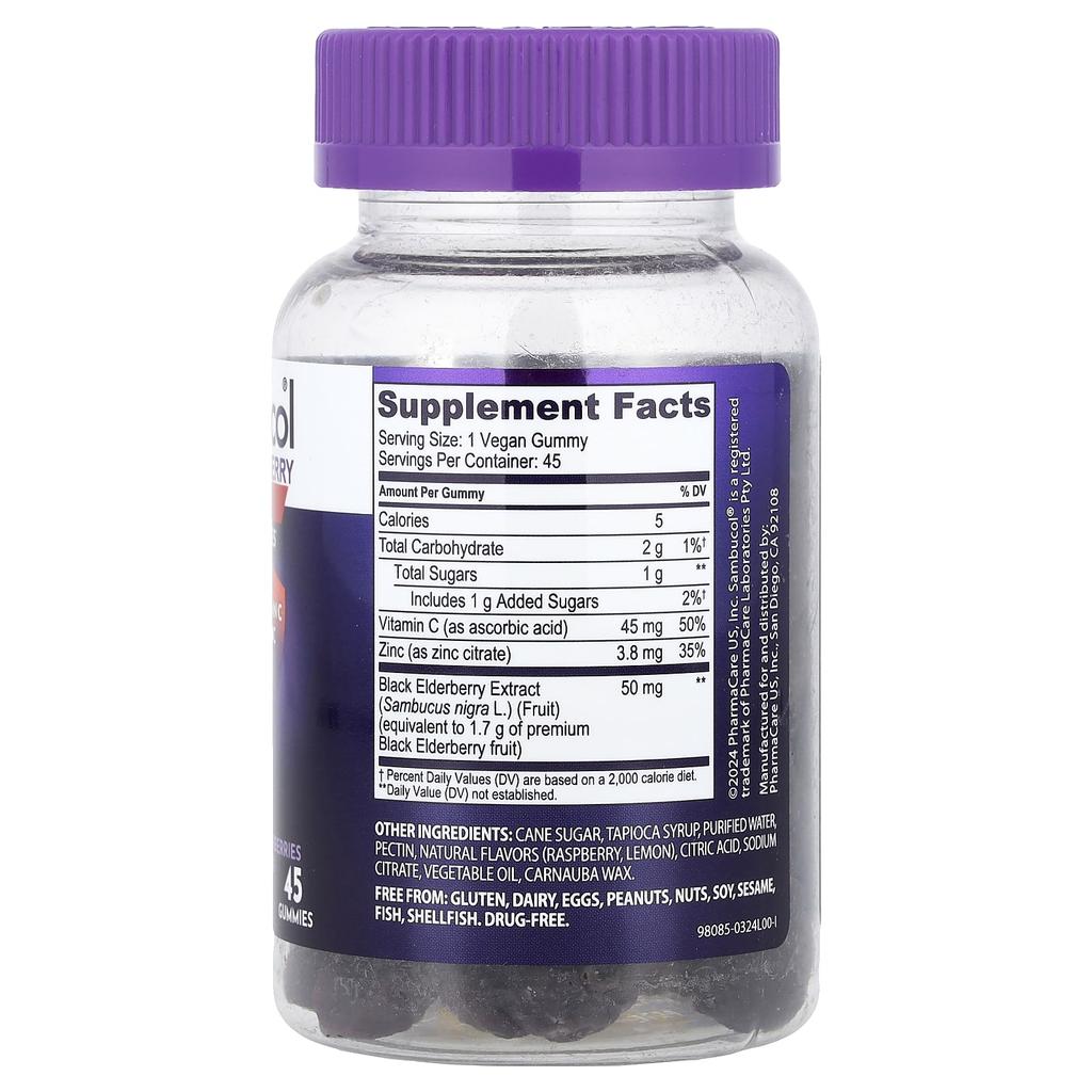 Schwarze Holunderbeere, Immunstärkende Gummibärchen + Vitamin C + Zink, 45 Gummibärchen