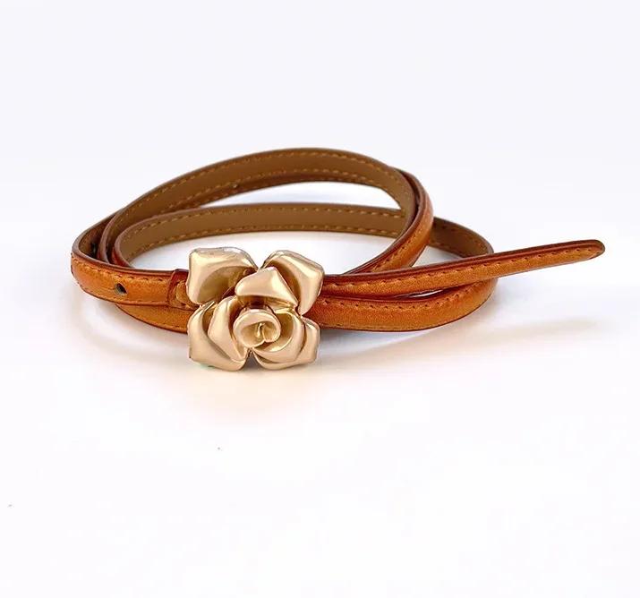 1.0cm New Unique Rose Genuine Leather Gold Belt Women Fashion Cowskin Flower Thin Belts Female Jeans Dress Waistband