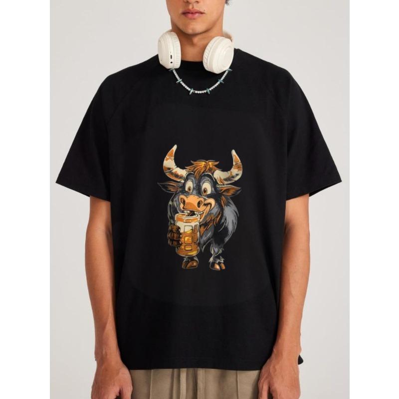 

Футболка с круглым вырезом, белая, с мультяшным принтом быка, держащего пиво, для повседневной носки XXXXL чёрный