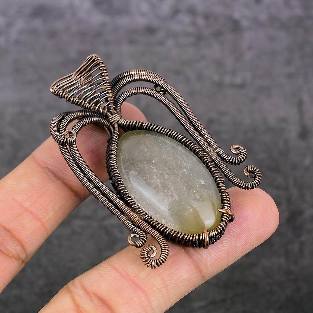 Natural Sunstone Gemstone Handmade Copper Wire Wrap Jewelry Pendant 2.48" E2M15