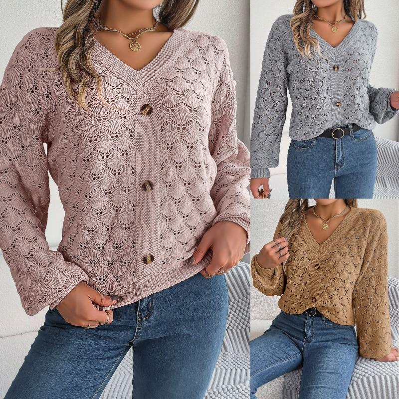 Autumn and winter casual V-neck button hollow lantern sleeve pullover sweater, elegant casual gray temperament ladies long-sleeved knitted sweater