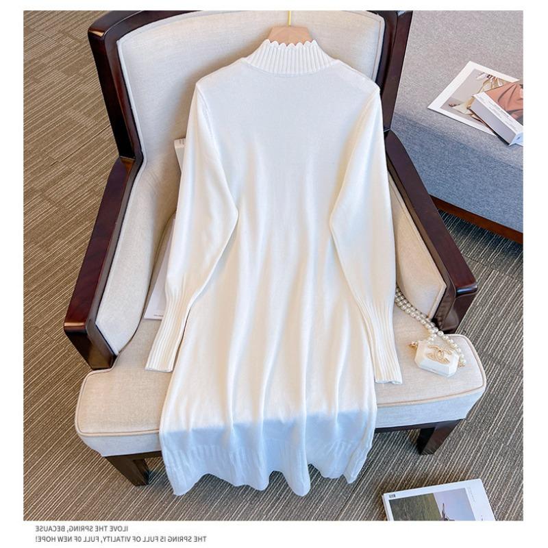 

Large size women s clothing slightly fat MM solid color knitted primer dress winter temperament long sleeve meat-covering sweater knee-length dress one size fits all