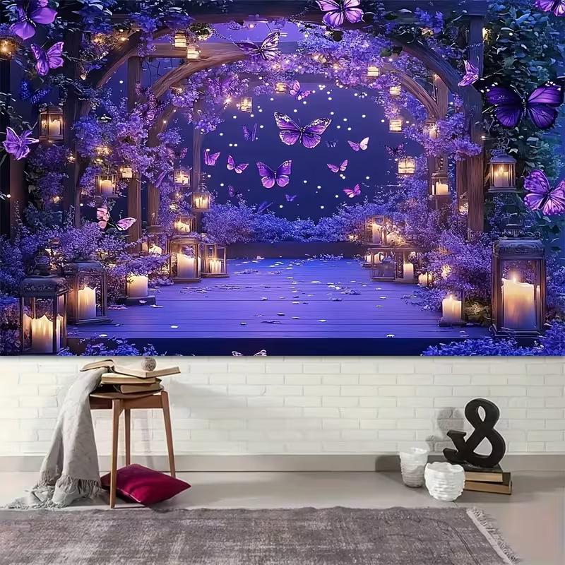2D Purple Floral Arch Backdrop with Lanterns & Butterflies for Wedding Ceremony