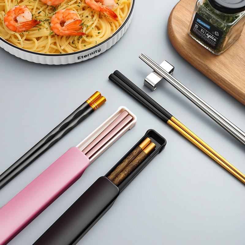 One Chopsticks Alloy Chopsticks Hotel Household High Temperature 304 Stainless Steel Chopsticks Solid Wood Chopsticks Single Pair Chopsticks Box