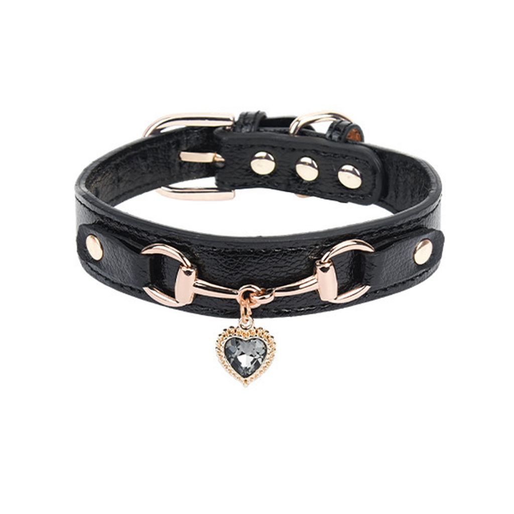 PU Leather Dog Collar With Rhinestones Love Heart Pendant Pet Necklace Collar For Dog Cats Birthday Party Dressingup