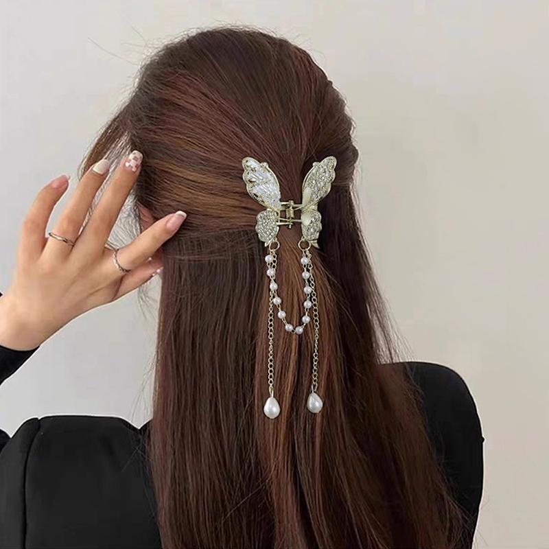 Metal Butterfly Hair Clip Pin Tassel Pendant Pair Accessories Women Simple Hair Claw Clip Butterfly Pearl Tassel Hair Clip