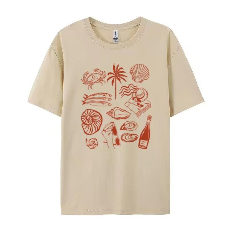 Women's Fashion Summer Ocean Coast Pattern T-shirt Retro Aesthetics Sweet Life Cute Oyster Wine Shirt Beach Vacation