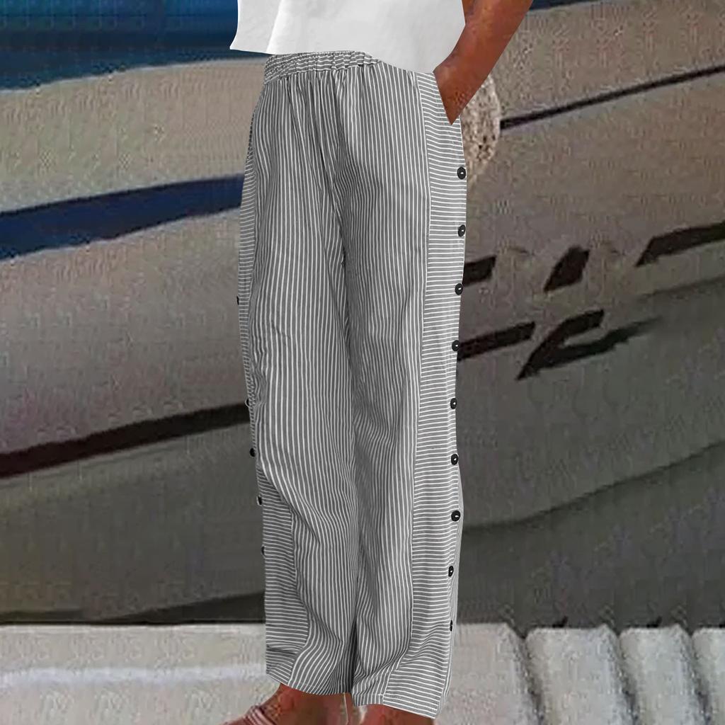 Slanted Pocket Wide Leg Pants, Casual Striped Printed Loose Casual Pants, Suitable for Spring and Summer, Women's Wear