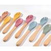 New Wooden Handle Silicone Fork Spoon Utensils Soft Resistant To Falling Feeding Cutlery Food Fork Spoon Kitchen Accessories