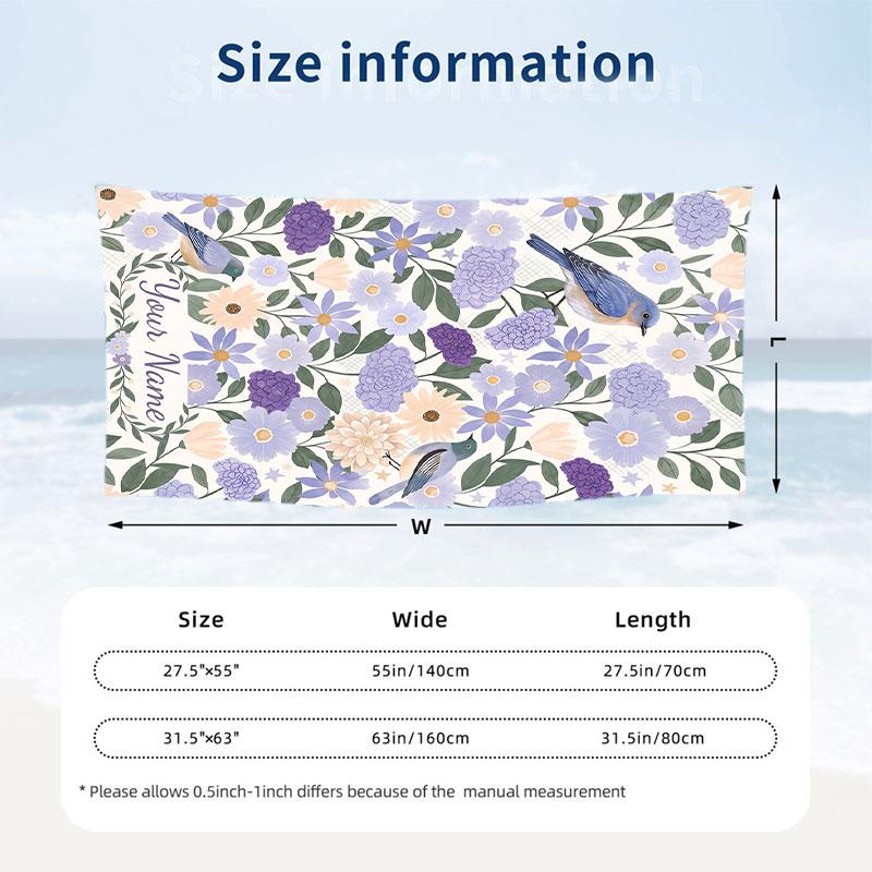 Blue White Floral 1 Theme Quick Dry Beach Towel Custom Name Text Print Large Sand Resistant Towel Beach Vacation