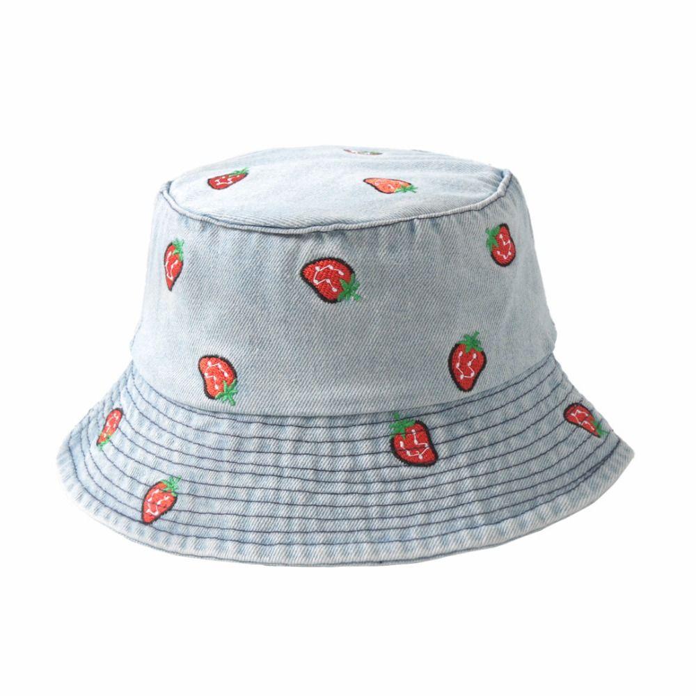Fashion Watermelon Strawberry Embroidered Denim Bucket Hat Butterfly Pattern Wide Brim Beach Hat Sun Hat Travel