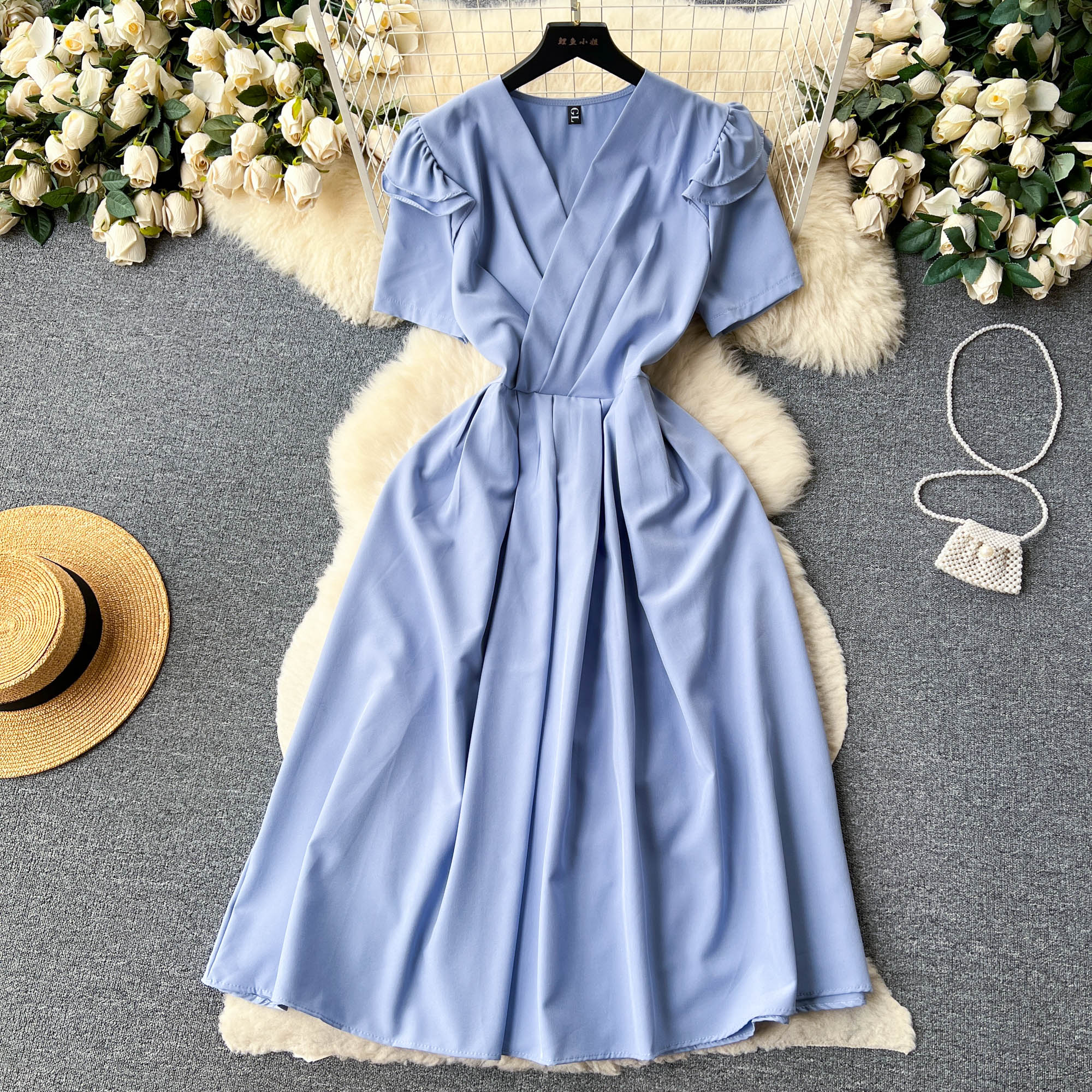 

Женское платье с короткими рукавами и v-образным вырезом во французском стиле ретро, ​​летние элегантные длинные свободные платья трапециевидной формы с тонкой талией One Size небесно-голубой