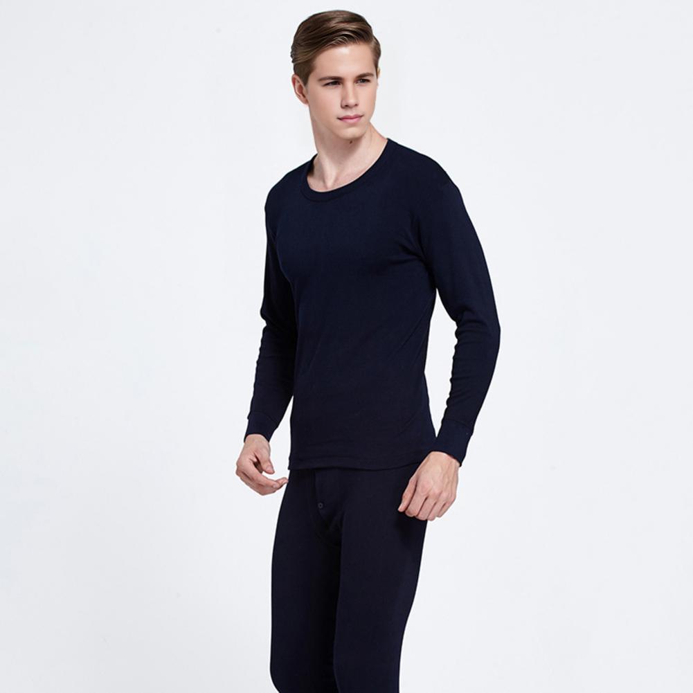 Mens Warm Lounge Kit O-Neck Long Sleeve Tops Elastic Waist Long Pants Monochromatic Thin Pajamas 2Pcs Kit
